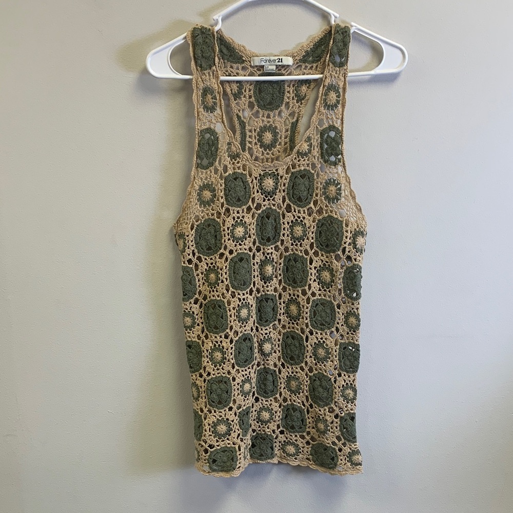 Forever 21 Green and Tan Crochet Tank Top